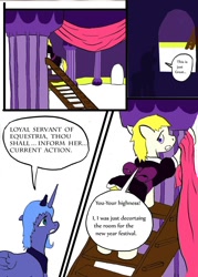 Size: 900x1260 | Tagged: safe, artist:lyun, princess luna, alicorn, earth pony, pony, clothes, comic, female, maid, mare, s1 luna, traditional royal canterlot voice