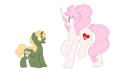 Size: 1280x720 | Tagged: safe, artist:faith-wolff, oc, oc:mariner "chibi" moon, kaiju pony, pony, unicorn, fanfic:the bridge, age swap, chibi-usa, colt, curved horn, duo, fanfic art, female, godzilla, godzilla (series), godzilla junior, horn, little godzilla, looking at each other, male, mare, ponified, role reversal, sailor moon, shocked, simple background, transparent background