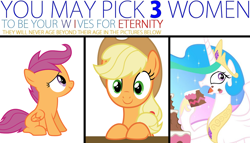 Size: 1280x731 | Tagged: safe, applejack, princess celestia, scootaloo, alicorn, earth pony, pony, three wives, you may pick three