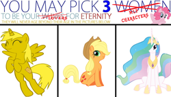 Size: 1280x731 | Tagged: safe, applejack, princess celestia, oc, oc:ticket, alicorn, earth pony, pony, alicorn oc, you may pick three