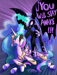 Size: 1024x1352 | Tagged: safe, artist:midnameowfries, nightmare moon, princess celestia, alicorn, pony, coffee, don't go to bed, food, force feeding, glowing horn, magic, telekinesis