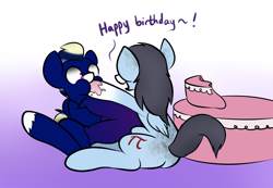 Size: 1280x886 | Tagged: safe, artist:nom-sympony, oc, oc only, oc:cobalt flash, oc:pepper dust, birthday cake, cake, food, force feeding