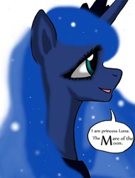 Size: 800x1052 | Tagged: safe, artist:lyun, princess luna, alicorn, pony, bust, comic, female, horn, jewelry, mare, open mouth, portrait, profile, regalia, smiling, solo, tiara