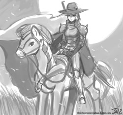 Size: 1280x1200 | Tagged: safe, artist:johnjoseco, princess celestia, horse, human, crossover, grayscale, humanized, humans riding horses, monochrome, vampire hunter d