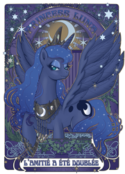 Size: 505x700 | Tagged: dead source, safe, artist:hezaa, princess luna, alicorn, pony, female, french, jewelry, lidded eyes, looking at you, mare, modern art, nouveau, solo, spread wings, wings