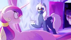 Size: 1280x720 | Tagged: safe, artist:faith-wolff, princess cadance, alicorn, alien, kaiju, kaiju pony, pony, tricorn, unicorn, fanfic:the bridge, crossover, crystal empire, cute, fanfic art, female, godzilla (series), male, mare, scrunchy face, smiling, smirk, spacegodzilla, stallion, xenilla