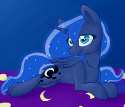 Size: 1050x900 | Tagged: safe, artist:kiruki1999, princess luna, alicorn, pony, female, mare, prone, smiling, solo