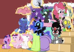 Size: 1768x1250 | Tagged: safe, artist:viraljp, discord, king sombra, nightmare moon, pinkie pie, princess cadance, princess celestia, princess luna, queen chrysalis, twilight sparkle, twilight sparkle (alicorn), alicorn, changeling, changeling queen, earth pony, nymph, pony, baby, baby ponies, baby pony, babylight sparkle, crying, cute, cutealis, cutedance, cutelestia, diaper, discute, exclamation point, eye contact, eyes closed, fake wings, female, filly, floppy ears, foal, frown, glare, grin, lunabetes, mare, messy, moonabetes, mouth hold, nightmare woon, nom, open mouth, pacifier, sad, sitting, smiling, sombradorable, time paradox, twiabetes, wide eyes, woona