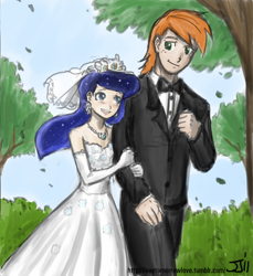 Size: 914x1000 | Tagged: safe, artist:johnjoseco, artist:michos, big macintosh, princess luna, human, clothes, dress, female, humanized, lunamac, male, marriage, shipping, straight, wedding, wedding dress