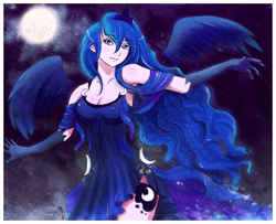 Size: 1000x813 | Tagged: safe, artist:songoftheshoebox, princess luna, human, clothes, evening gloves, female, gloves, humanized, long gloves, moon, night, solo, winged humanization