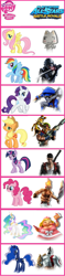 Size: 348x1467 | Tagged: safe, applejack, fluttershy, pinkie pie, princess celestia, princess luna, rainbow dash, rarity, twilight sparkle, alicorn, earth pony, pegasus, pony, unicorn, comparison chart, dante (devil may cry), dmc, fat princess, god of war, implied cakelestia, jak 3, jak and daxter, konami, kratos, metal gear, metal gear rising, needles kane, playstation all-stars battle royale, raiden, sly cooper, sweet tooth (twisted metal), toro inoue