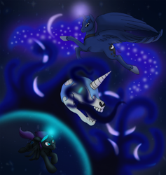 Size: 1892x1998 | Tagged: safe, artist:aisu-isme, nightmare moon, princess luna, oc, oc:nyx, alicorn, pony, female, fight, filly, flying, mare, skull