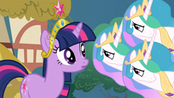 Size: 1280x720 | Tagged: safe, edit, screencap, princess celestia, twilight sparkle, alicorn, pony, keep calm and flutter on, big crown thingy