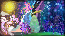 Size: 1700x936 | Tagged: safe, artist:renaifoxi, princess cadance, princess celestia, princess luna, twilight sparkle, twilight sparkle (alicorn), alicorn, pony, alicorn tetrarchy, beautiful, day, moon, night, stars, sun, wallpaper