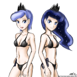 Size: 850x850 | Tagged: safe, artist:johnjoseco, artist:michos, color edit, edit, princess luna, human, bikini, black swimsuit, breasts, cleavage, clothes, colored, cutie mark on human, female, humanized, s1 luna, self paradox, skinny, swimsuit, the fun has been doubled