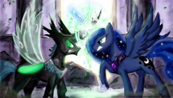 Size: 5896x3334 | Tagged: safe, artist:einik, princess luna, oc, alicorn, changeling, pony, angry face, changeling king, changeling oc, duo, female, fight, green changeling, horns are touching, mare, sharp teeth, teeth