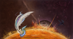 Size: 1800x969 | Tagged: safe, artist:nettrip, princess celestia, princess luna, alicorn, pony, fight, space