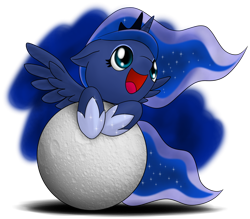 Size: 800x700 | Tagged: safe, artist:stardustxiii, princess luna, alicorn, pony, female, filly, floppy ears, foal, happy, moon, solo, tangible heavenly object