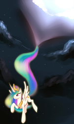 Size: 1024x1707 | Tagged: safe, artist:kyo-mei, princess celestia, alicorn, pony, flying, night, solo