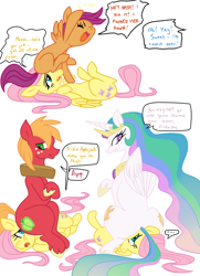 Size: 942x1300 | Tagged: source needed, safe, artist:elslowmo, artist:purplekecleon, big macintosh, fluttershy, princess celestia, scootaloo, alicorn, earth pony, pegasus, pony, butt, dialogue, facesitting, female, flutterseat, implied rainbow dash, lesbian, male, plot, stallion, straight