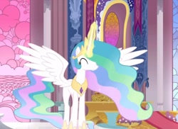 Size: 1186x865 | Tagged: safe, screencap, princess celestia, alicorn, pony, eyes closed, female, happy, mare, solo, spread wings, wings