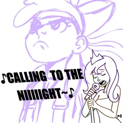 Size: 945x945 | Tagged: safe, artist:megasweet, apple bloom, princess luna, human, crossover, female, humanized, metal gear, microphone, s1 luna, singing, sketch