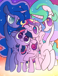 Size: 765x990 | Tagged: safe, artist:hamigaki-momo, princess cadance, princess celestia, princess luna, twilight sparkle, twilight sparkle (alicorn), alicorn, pony, alicorn tetrarchy, female, long neck, mare