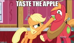 Size: 568x335 | Tagged: safe, edit, edited screencap, screencap, applejack, big macintosh, earth pony, pony, where the apple lies, apple, discovery family logo, food, force feeding, hoof in mouth, hoofjack, image macro, male, meme, stallion, teenage applejack, teenage big macintosh