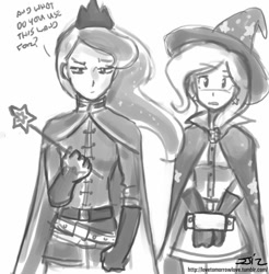 Size: 837x850 | Tagged: safe, artist:johnjoseco, princess luna, trixie, human, cape, clothes, duo, duo female, female, grayscale, humanized, manacles, military uniform, monochrome, uniform, wand, warrior luna