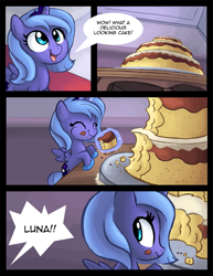 Size: 1275x1650 | Tagged: safe, artist:ric-m, princess luna, alicorn, pony, cake, comic, crumbs, eating, female, filly, foal, solo, woona