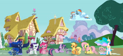 Size: 2533x1157 | Tagged: safe, artist:shadowtargt103, applejack, fluttershy, pinkie pie, princess celestia, princess luna, rainbow dash, rarity, twilight sparkle, unicorn twilight, alicorn, earth pony, pegasus, pony, unicorn, cewestia, cloud, cowboy hat, ethereal mane, female, filly, filly applejack, filly fluttershy, filly pinkie pie, filly rainbow dash, filly rarity, filly twilight sparkle, foal, hat, hooves, horn, jewelry, lying on a cloud, mane six, mare, on a cloud, pink-mane celestia, ponyville, raised hoof, regalia, self ponidox, starry mane, stock vector, tiara, vector, wings, woona, younger