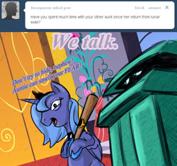 Size: 640x600 | Tagged: safe, artist:ttturboman, prince blueblood, princess luna, alicorn, pony, unicorn, ask, ask blueblood, baseball bat, blueabuse, female, hiding, male, mare, s1 luna, stallion