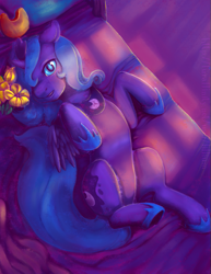 Size: 541x700 | Tagged: safe, artist:lillium, princess luna, alicorn, pony, bed, cute, female, flower, mare, night, on back, s1 luna, solo