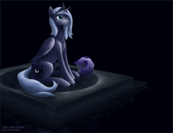 Size: 1646x1265 | Tagged: safe, artist:marbleyarns, princess luna, alicorn, pony, female, helmet, mare, s1 luna, sitting, solo