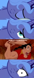 Size: 680x1558 | Tagged: safe, princess luna, alicorn, human, pony, beauty and the beast, bed meme, exploitable meme, female, gaston, human male, male, mare, meme, morning after, s1 luna, waking up