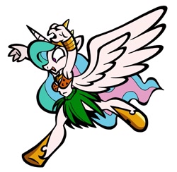 Size: 767x748 | Tagged: safe, artist:toonbat, princess celestia, anthro, unguligrade anthro, armpits, bikini top, clothes, grass skirt, midriff, princess molestia, skirt, solo