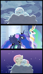 Size: 1920x3240 | Tagged: safe, artist:zedrin, screencap, princess celestia, princess luna, oc, oc:primrose, oc:snowdrop, alicorn, pony, cloud, cloudy, female, mother and child, mother and daughter, parent and child, screencap comic, snowdrop (animation)