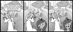 Size: 900x394 | Tagged: safe, artist:madmax, princess luna, alicorn, classical unicorn, pony, unicorn, amalthea, cloven hooves, comic, crossover, duo, eye contact, female, floppy ears, frown, lady amalthea, leonine tail, lidded eyes, lonely, looking at each other, looking down, mare, monochrome, s1 luna, sad, speech bubble, the last unicorn, unshorn fetlocks, wat