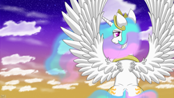 Size: 1920x1080 | Tagged: safe, artist:havikm66, princess celestia, alicorn, pony, back, behind, both cutie marks, looking back, plot, sitting, solo, spread wings