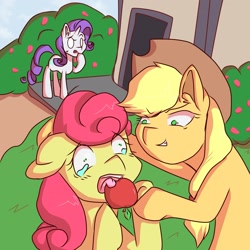 Size: 2479x2479 | Tagged: safe, artist:kenishra, applejack, rarity, strawberry sunrise, earth pony, pegasus, pony, unicorn, honest apple, abuse, applejerk, ear fluff, feederjack, female, floppy ears, force feeding, mare, open mouth, shrunken pupils, smiling, strawberrabuse, sweat, teary eyes, tongue out, trio, trio female