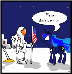 Size: 962x982 | Tagged: safe, artist:sir-croco, princess luna, alicorn, human, pony, astronaut, comic, crococomics, desperate, duo, female, flag, lonely, lonely luna, luna and the nauts, lunar lander, mare, moon, one-panel comic