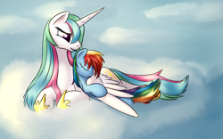 Size: 1600x1000 | Tagged: safe, artist:sokolas, princess celestia, rainbow dash, alicorn, pegasus, pony, alternate hairstyle, cloud, cloudy, momlestia, sleeping