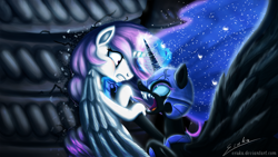 Size: 2000x1125 | Tagged: safe, artist:esuka, nightmare moon, princess celestia, alicorn, pony, fighting is magic, battery, crying, epic, fangs, fight