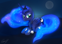 Size: 1480x1050 | Tagged: safe, artist:sierraex, princess luna, alicorn, pony, clothes, cutie mark clothes, female, mare, moon, prone, scarf, smiling, socks, solo