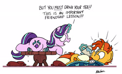 Size: 2434x1473 | Tagged: safe, artist:bobthedalek, starlight glimmer, sunburst, pony, unicorn, dialogue, duo, force drinking, force feeding, levitation, looking at each other, magic, on back, open mouth, shrunken pupils, simple background, surprised, table, tea party, teapot, telekinesis, white background, yelling