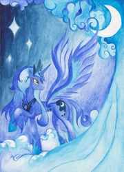 Size: 1652x2298 | Tagged: safe, artist:artist-apprentice587, princess luna, alicorn, pony, crescent moon, female, looking back, mare, raised hoof, solo, traditional art, watercolor painting