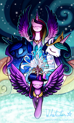 Size: 720x1200 | Tagged: safe, artist:whitestar1802, princess cadance, princess celestia, princess luna, twilight sparkle, twilight sparkle (alicorn), alicorn, pony, alicorn tetrarchy, element of magic, eyes closed, female, mare