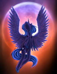 Size: 900x1170 | Tagged: safe, artist:sensum, artist:weresquirrel94, princess luna, alicorn, pony, backlighting, female, flying, mare, moon, perspective, pose, red, s1 luna, solo, spread wings, wings