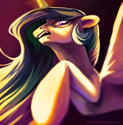 Size: 982x1000 | Tagged: dead source, safe, artist:feyrah, princess celestia, alicorn, pony, angry, bust, looking at you, looking down, portrait, raised hoof, solo, spread wings, wings