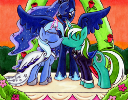 Size: 1200x936 | Tagged: safe, artist:blazelupine, princess luna, trixie, oc, oc:pickles, alicorn, pony, unicorn, canon x oc, clothes, female, horn ring, kissing, male, mare, ring, shipping, spread wings, stallion, straight, trikles, wedding, wedding ring, wings